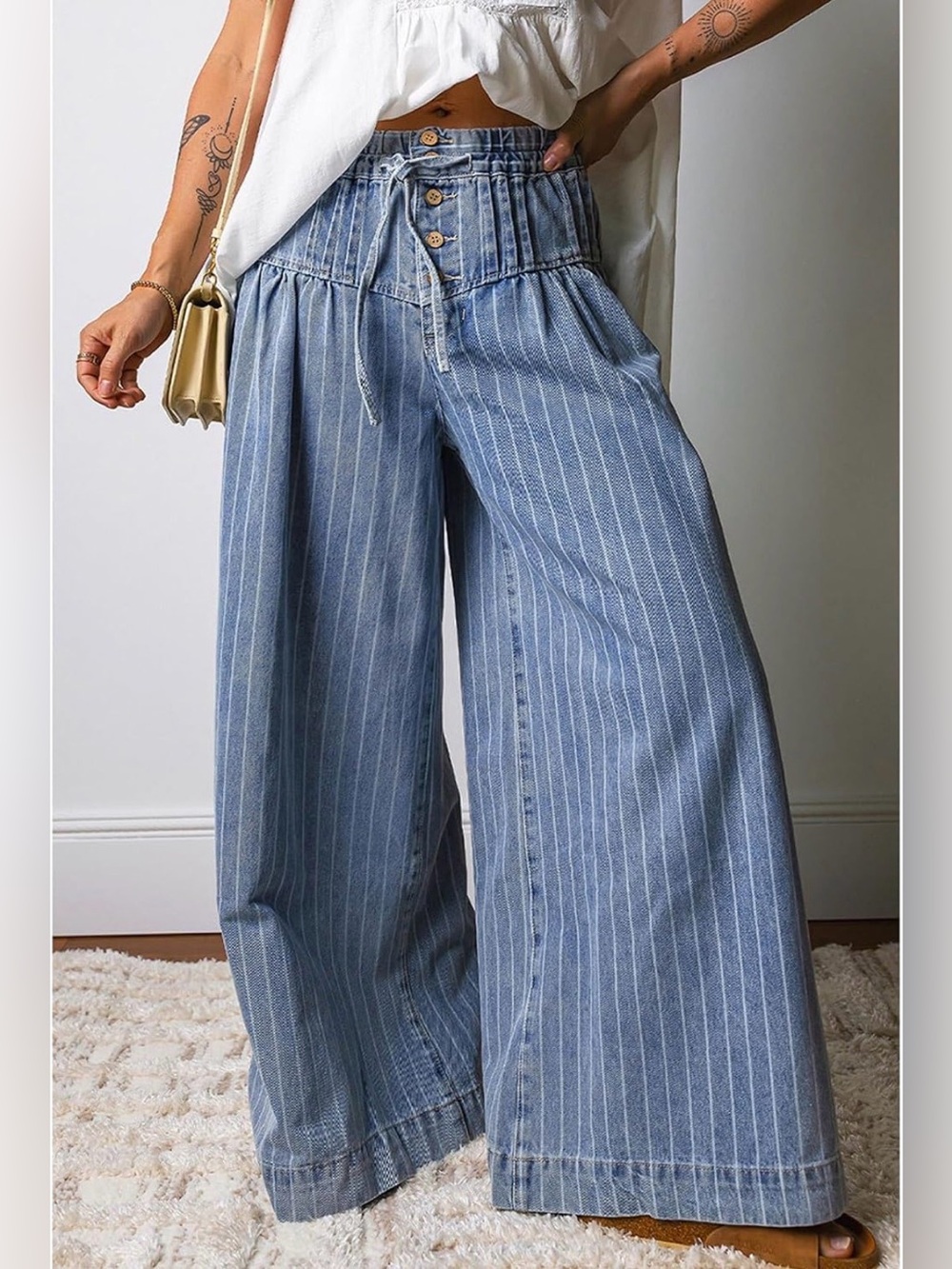 Women's Baggy Wide Leg Denim Pants Drawstring Midi Waisted Flare Jeans